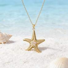 VceTd 1 pieza/3 piezas Collar colgante de acero inoxidable con forma de estrella de mar/concha, diseño de estilo de vacaciones oceánicas, adecuado para que las mujeres lo usen en vacaciones en la playa, vida diaria, viajes, festivales, fiestas, regalos para amantes, familia y amigos - Amarillo Oro - Ver 7