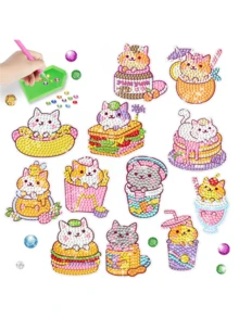 12件套DIY可爱猫咪钻石画套装，包含宝石、工具、工艺美术用品，最佳马赛克贴纸礼品 - 彩色 - 查看 4