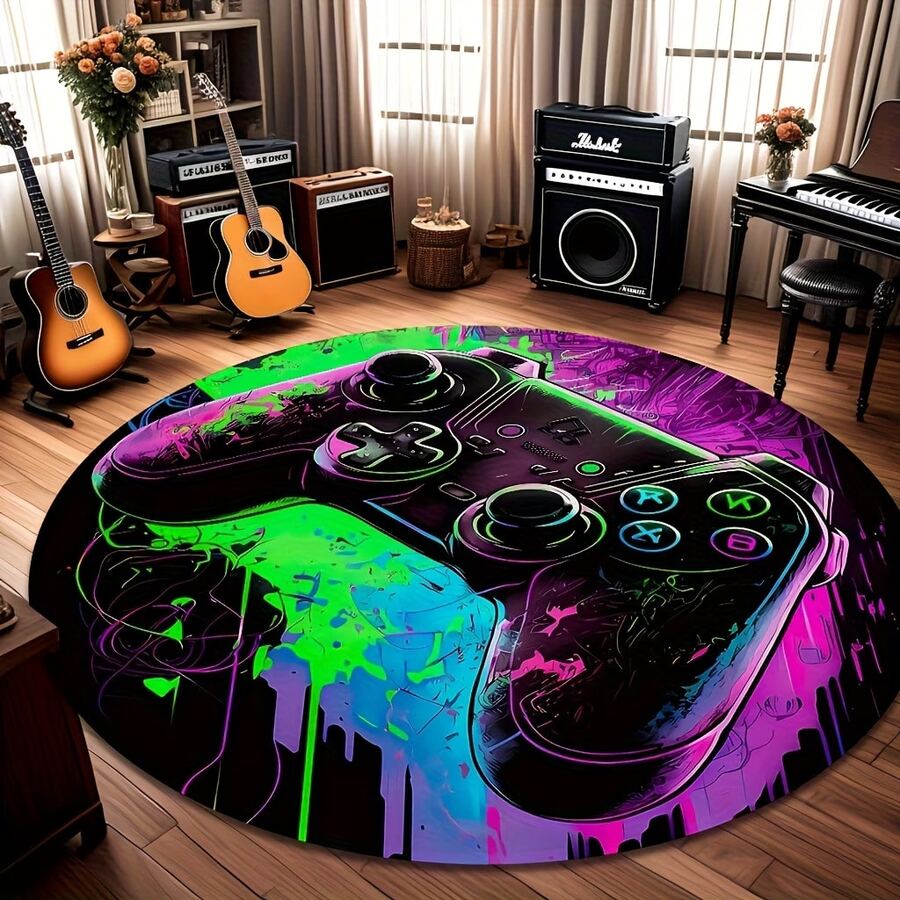 1pc Colorful Gaming Controller Round Rug, High Definition Printed Pattern, Double Stitched Edges, Suitable For Bathroom, Gaming Room, Living Room, Bedroom, Machine Washable Carpet, Large Area Rug, Outdoor Rug