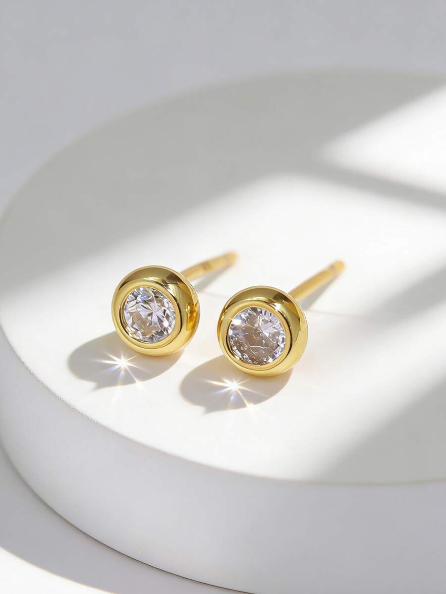 Charm-In 18K Gold Round Crystal Stud Earrings | Elegant Classic Fashion Women's Earrings | Suitable For Daily Wear And Weddings - Gold - View 1