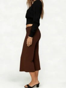 Women Solid Color Fold Over Capri Casual Low Rise Straight Wide Leg Cropped Pants Vintage Polka Dots Stripes Printed Three Quarter Trousers Gym Yoga Workout Lounge Wear Bottoms - màu nâu - Xem 4