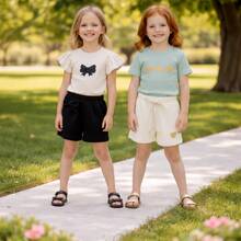 Kids Fashion 2 Conjunto Infantil Menina Verão Criança 2 a 8 Anos Combo 2 Conjuntinhos Modinha Malha Antialérgico Confortável - Multicolorido - Visão 1