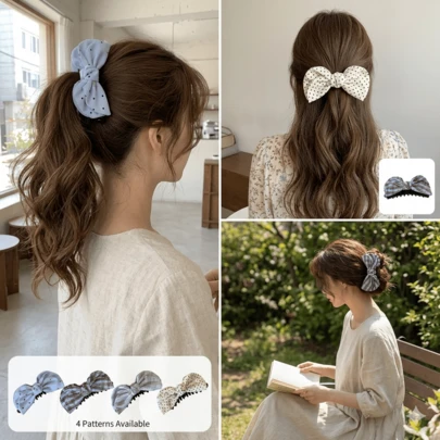 1pc Korean Style Plaid Bow Hair Clip, Suitable For Women, Spring/Summer High Ponytail Hair Accessory, Elegant Shark Clip Hair Decoration