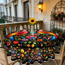 1 pieza Mantel redondo de poliéster con estampado floral y borde en relieve, adecuado para uso en interiores y exteriores, decoración del hogar, ideal para el Día de la Madre, bodas, cumpleaños, aniversarios, decoración de primavera y verano - A - Ver 8