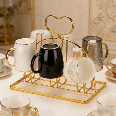 Lekki, luksusowy, złoty, żelazny uchwyt na kubki (kubki nie są dołączone), z 6-otworowym ociekaczem, wyposażony w tackę na wodę, trwały, oszczędzający miejsce, odpowiedni do odwróconego odpływu kubków z wodą/kubków do kawy, idealny do podwójnego użytku w kuchniach i salonach.