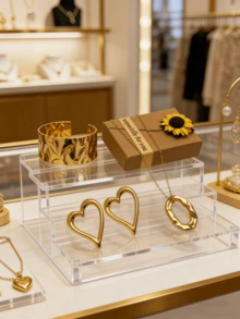 4件套304不锈钢镀金心形首饰套装 - 不对称手镯 + 镂空心形耳环 + 不对称吊坠项链，时尚夸张不对称首饰套装，时尚首饰礼盒套装 - 金色 - 查看 5