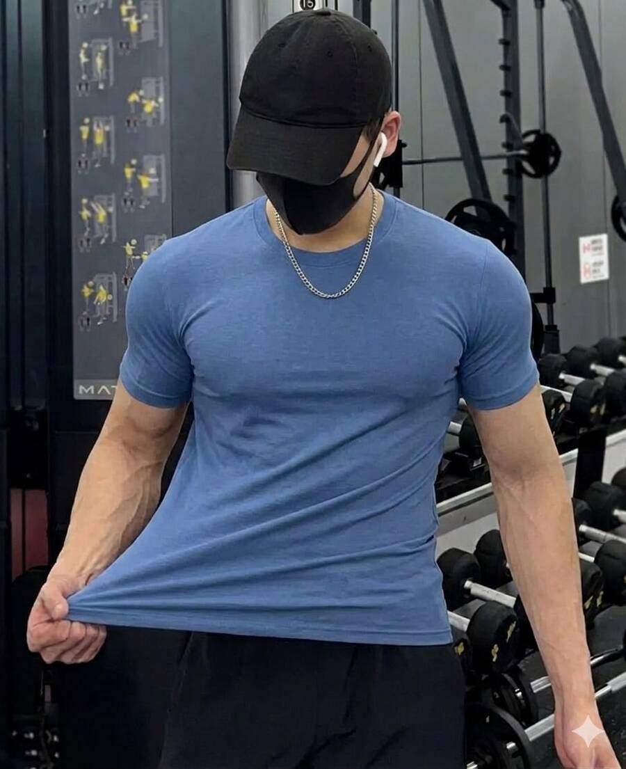 Men's Plain Short Sleeve T-Shirt With Elastane Visco Lycra Mesh - 藍色 - 查看 1