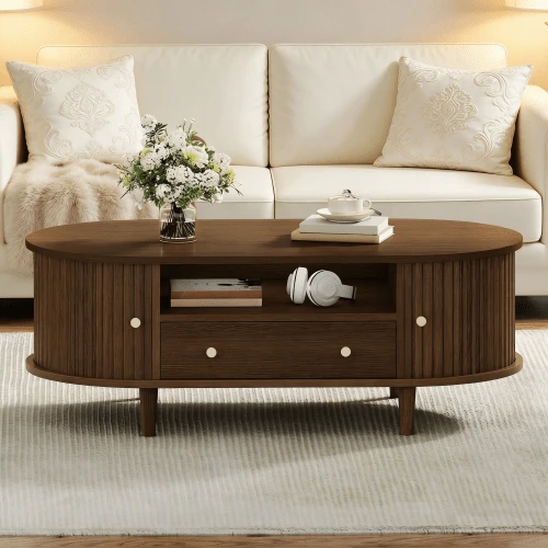 Living Room Coffee Table Measuring 100 X 50 X 36 Cm, Walnut Finish. The Coffee Table, With A Drawer And Open Storage Space, Can Be Used As A Sofa Table, Side Table, Or Living Room Table. It Features Roll-Up Doors And Four Support Legs.