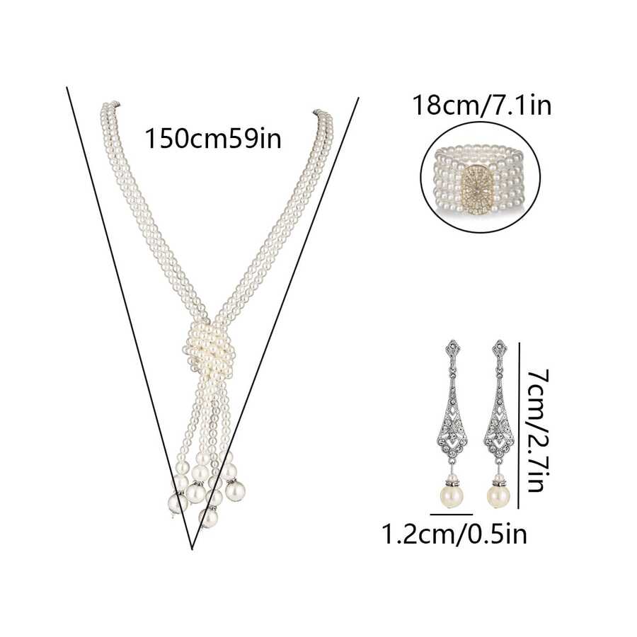 Bộ 3 phụ kiện thanh lịch, gợi cảm dành cho nữ, phụ kiện cao cấp kiểu cổ điển, trang điểm dự tiệc/đầm dạ hội: Dây chuyền ngọc trai, vòng tay, găng tay, bộ 3 món, phụ kiện váy dạ hội/dạ hội, trang sức cô dâu, bộ trang sức nữ, bộ dây chuyền và bông tai lấp lánh, bộ vòng tay, thích hợp cho phụ nữ mặc hàng ngày, đám cưới, tiệc tùng và các dịp khác. - Bạc loại A - Xem 1