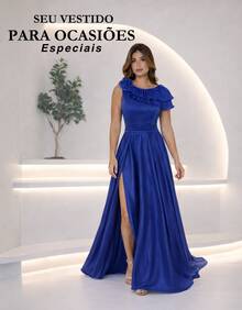 Elegant And Romantic Wedding Guest Dress, Long Maxi Ruffle With Flower, Party, Graduation - 藍色 - 查看 3