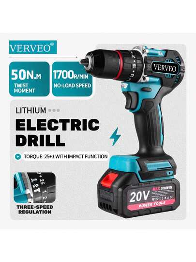 VERVEO Electric Tool, 20V Three Function Hand Drill, With Impact Function, High Quality, And Not Expensive. The Battery Pack Has Added A TYP-C Interface For More Convenient Use. The Electric Drill Can Drill Holes, Loosen Screws, And Perform Outdoor Maintenance. Tool Must Be Selected