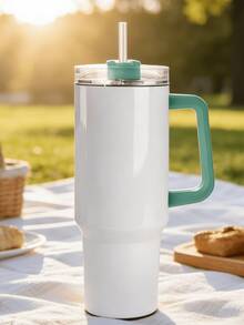 40 Oz Insulated Tumbler With Handle And Straw, 100% Leakproof Tumbler With Lid And Flexible SoftSip Straw, Cup Holder Friendly Insulated Stainless Steel Travel Mug Drinkware Coffee Mug Waterbottle Beverage Bottle  For Iced Coffee, Tea, Hot And Cold Drink, Holiday Gift, Back To School - Tay cầm màu trắng + xanh lá cây - Xem 6