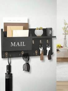 [2-7 Days Must Arrive] Aesthetic Black Wooden Floating Shelf With 6 Hooks, 15" Rustic Entryway Wall Decor For Keys & Mail, Farmhouse Style Letter Sorter For Living Room, Minimalist Wall-Mounted Display Rack For Small Plants & Photos, Chic Apartment Essentials For Home Tidying - 1PC - View 13