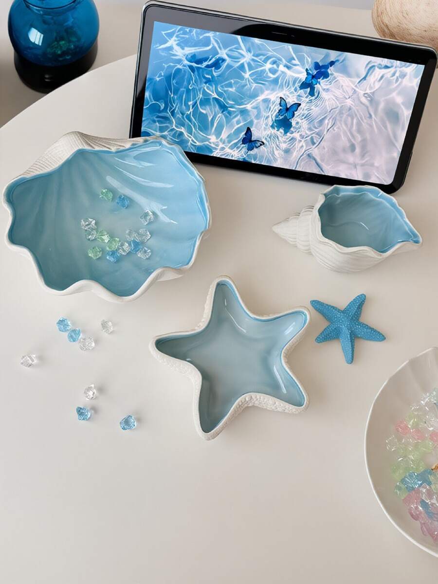 1pc Seashell, Starfish, Clam Tray, Blue Creative Storage Bowl, Small Jewelry Tray, Bracelet, Earring, Necklace Storage Box, Suitable For Entryway Table, Birthday Party, Home Gathering, Back To School Decor - Blue and White Ocean Series - View 1