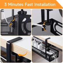 Khay quản lý dây cáp bàn làm việc không cần khoan, lưới kim loại kẹp cố định, khay đựng dây cáp gọn gàng dưới bàn cho gia đình, văn phòng và quán internet, màu đen. - Nhiều màu - Xem 7