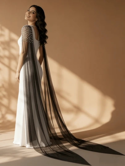 1 Pair Black Long Pearl Bridal Shawl, Brooch Fastened, Vintage Flowing, Suitable For Attending Galas, Balls, Parties