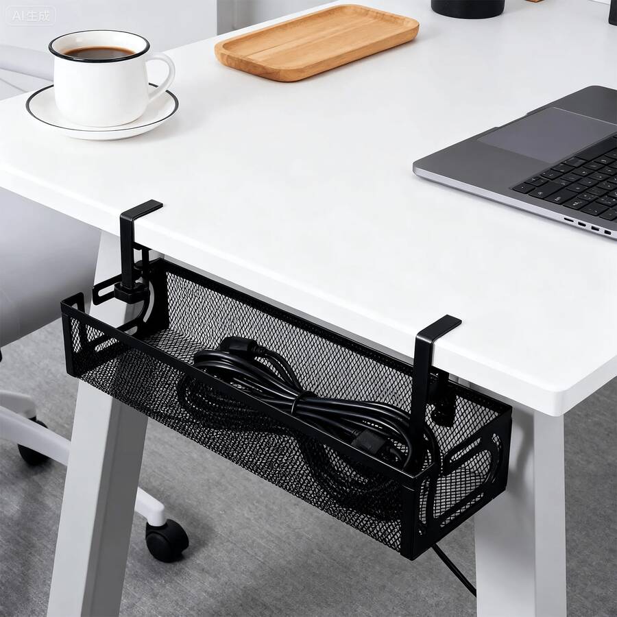 Khay quản lý dây cáp bàn làm việc không cần khoan, lưới kim loại kẹp cố định, khay đựng dây cáp gọn gàng dưới bàn cho gia đình, văn phòng và quán internet, màu đen. - Nhiều màu - Xem 1
