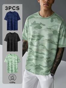3件装黑色+藏青色+绿色男士凉感短袖T恤 - 黑色 - 查看 1