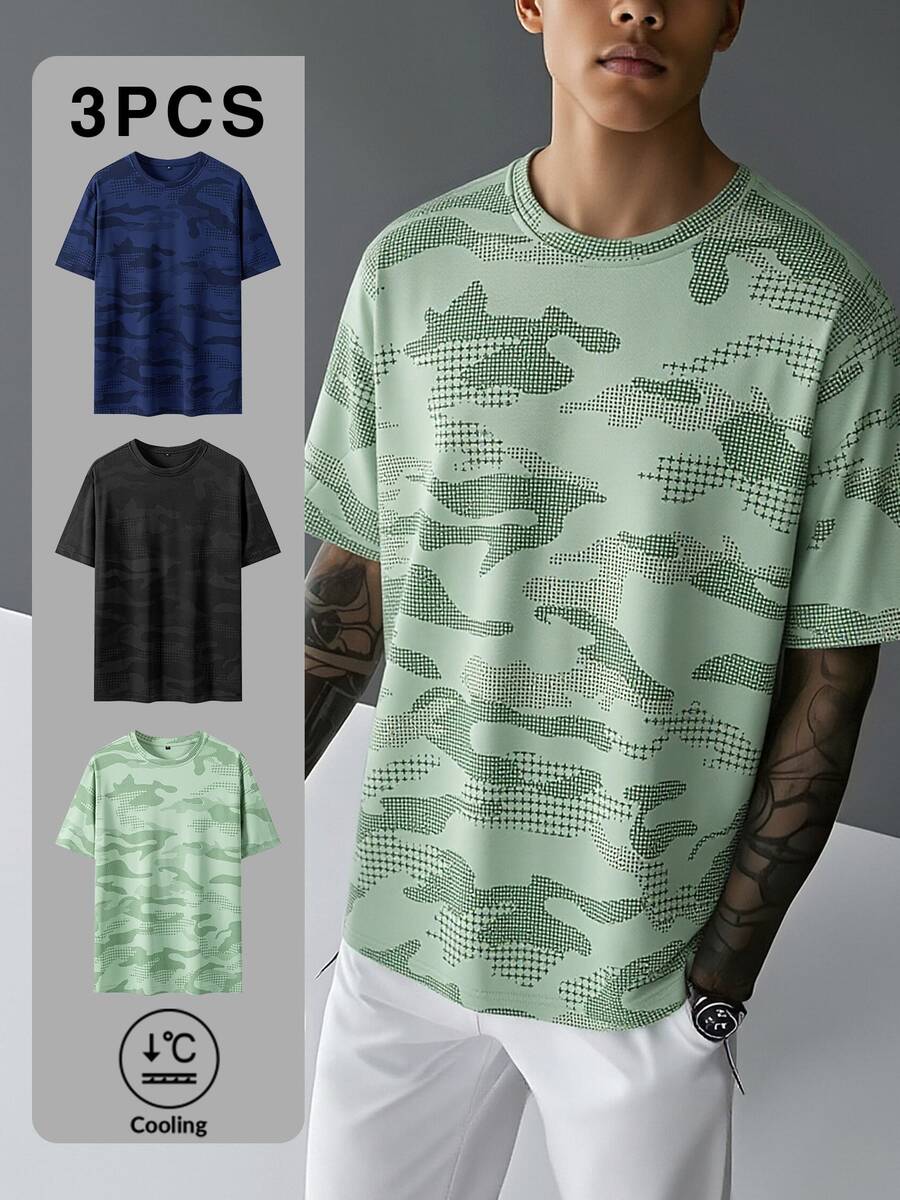3件装黑色+藏青色+绿色男士凉感短袖T恤 - 黑色 - 查看 1