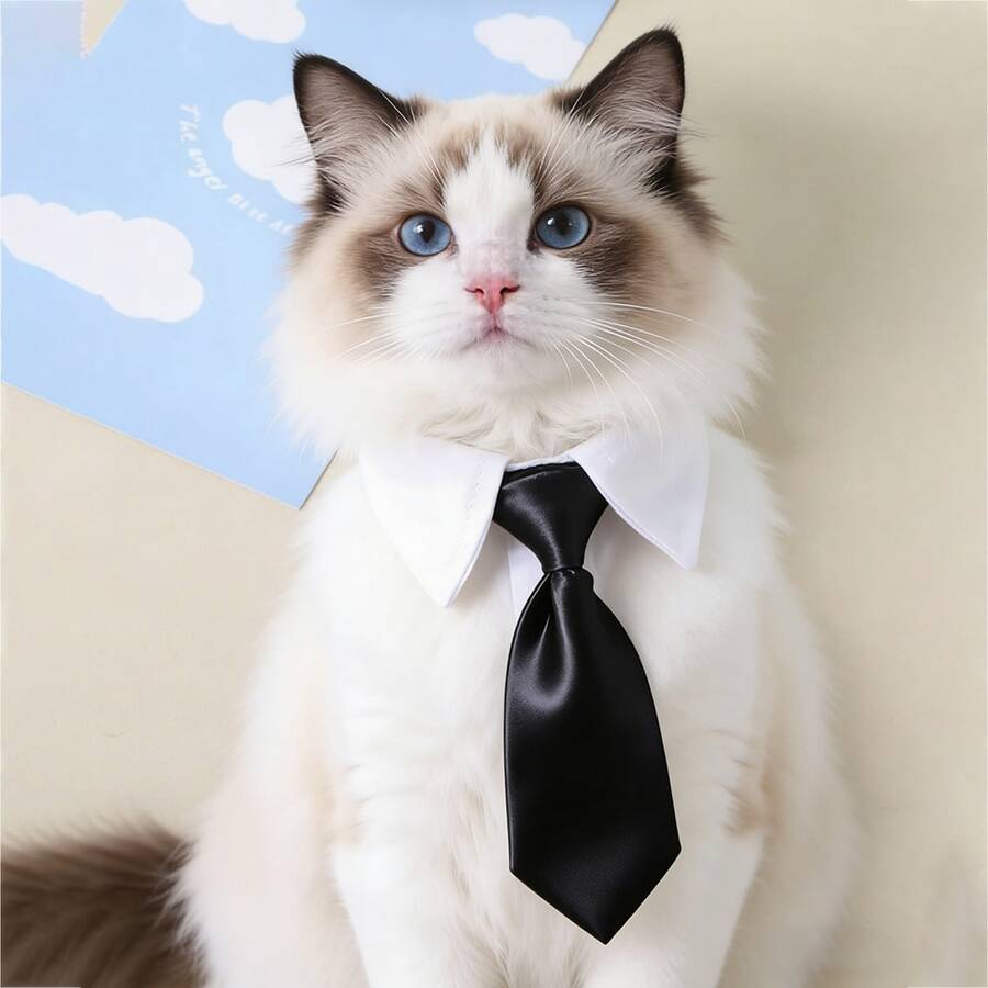 1pc Satin Formal Pet Necktie With Shirt Collar, Adjustable For Cats & Small/Medium Dogs, Wedding Party Photo Prop Pet Grooming Accessory - Black and White - View 1