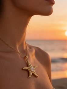 VceTd 1 pieza/3 piezas Collar colgante de acero inoxidable con forma de estrella de mar/concha, diseño de estilo de vacaciones oceánicas, adecuado para que las mujeres lo usen en vacaciones en la playa, vida diaria, viajes, festivales, fiestas, regalos para amantes, familia y amigos - Amarillo Oro - Ver 3