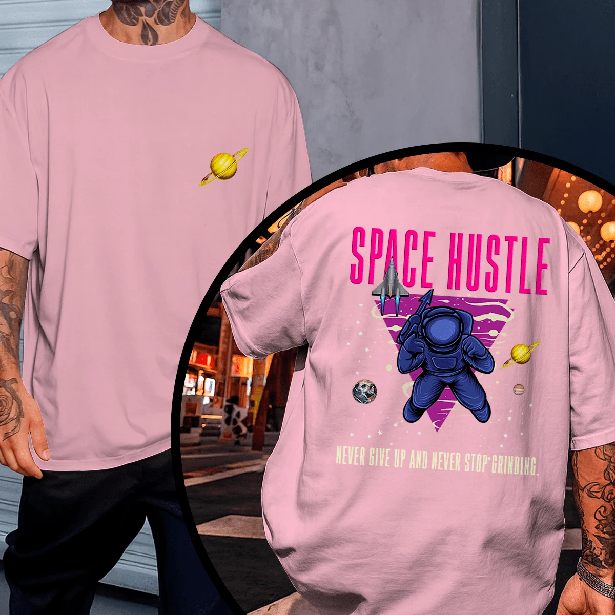 Streetwear T-Shirt, Front And Back, Oversized, Unisex, Never Go! - 淺粉色 - 查看 1