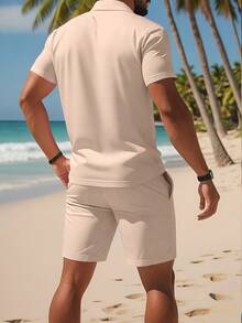 Set de 2 piezas Camisa polo casual y pantalón corto con cordón para hombres talla grande, estampado de caballero y caballo, ropa deportiva cómoda y transpirable para uso diario en verano - Albaricoque - Ver 2