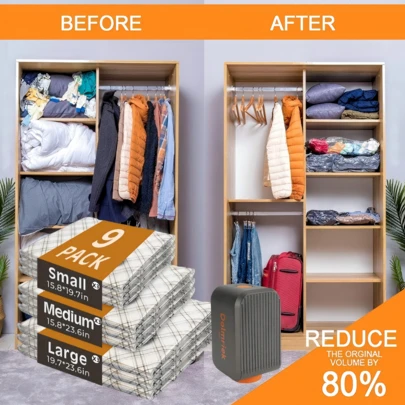 可充电无线真空压缩收纳袋套装，家用及旅行真空收纳袋套装，包含无线充电气泵，包含 9 个真空收纳袋，节省空间的真空密封袋，适用于衣物、毯子、羽绒被、枕头、床上用品及旅行/居家必需品。