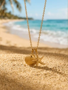 1件简约风格14K镀金可调节长度海星吊坠项链，耐用防水，海洋元素，适合夏季、波西米亚风、冲浪日常佩戴，女士礼物，不锈钢材质，防水防褪色 - 金色 - 查看 3