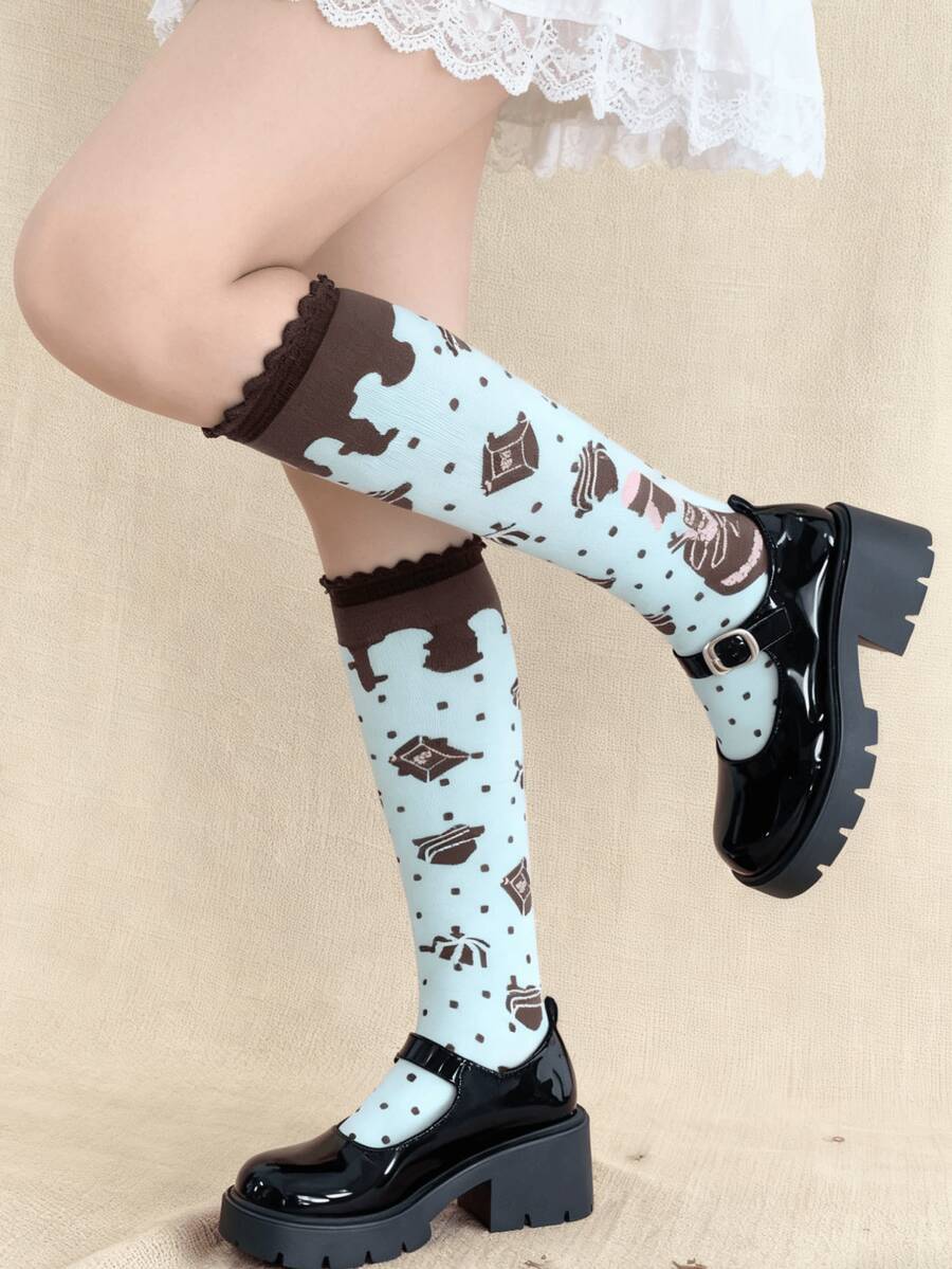 1/3 pares de nuevos calcetines altos hasta la rodilla con volantes de estilo Lolita, con diseño de galletas de chocolate y pasteles dulces - Multicolor - Ver 1