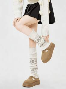 1 đôi tất giữ ấm chân dệt kim họa tiết Fair Isle màu trắng/đen/xám đậm/kaki/nâu cà phê - Nhiều màu - Xem 1