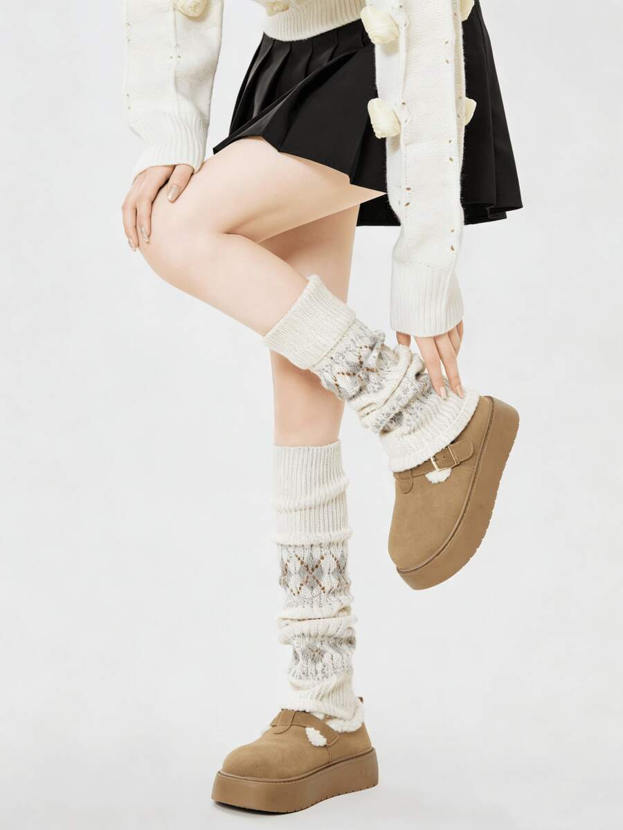 1 đôi tất giữ ấm chân dệt kim họa tiết Fair Isle màu trắng/đen/xám đậm/kaki/nâu cà phê - Nhiều màu - Xem 1