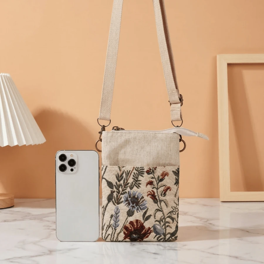 Multiple Compartments Jacquard Crossbody Phone Bag - Bohemian With Adjustable Zipper - Apricot - View 1