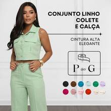 Elegant Women's Linen Vest And High-Waisted Pants Set - Verde Jade - View 2