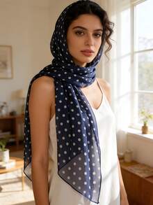 A Women's Elegant, Simple, Classic Polka Dot Print Chiffon Small Scarf, Casual, Breathable, Thin Headscarf, Sun Protection Shawl - Navy Blue - View 3
