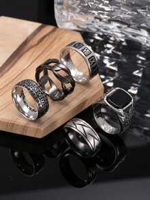 5件套时尚铸造不锈钢男士戒指套装，包含铜币、罗马数字、扭曲元素，适合男士日常佩戴、节日、约会、订婚、婚礼、送礼等场合。 - 彩色 - 查看 7