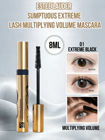 Estée Lauder 雅诗兰黛极致浓密睫毛膏（2.8毫升/8毫升），防水、防晕染、持久、卷翘、纤长、浓密、根根分明，打造卷翘浓密睫毛，不结块、防晕染、全天持妆，奢华金色管身，适合生日、圣诞节、周年纪念日、情人节等场合，是彩妆爱好者的理想之选，也适合日间、夜晚、办公室、派对、婚礼、约会等各种场合。