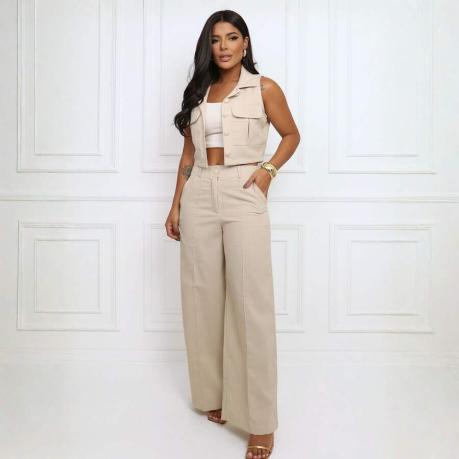 Elegant Women's Linen Vest And High-Waisted Pants Set - Krem - View 1