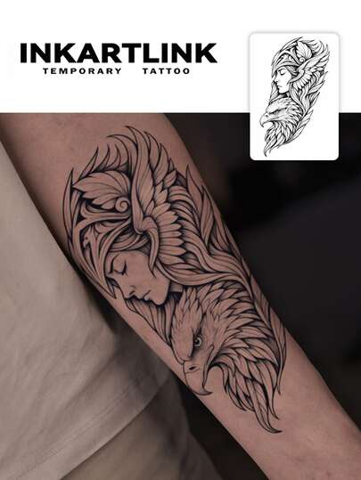  2张INKARTLINK女性骑士与鹰装饰性临时防水纹身贴纸，持久1-2周，植物和果汁图案，男女皆宜，派对必备