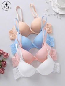 4 Stück Damen Komfort Unterwäsche Kollektion - Luxuriöser Push-Up-BH mit zarten Spitzendetails, hoher Halt und weicher atmungsaktiver Stoff für höchsten Komfort - Verschiedenfarbig - Übersicht 2