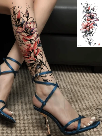 1 ชิ้น สติกเกอร์รอยสักชั่วคราวกันน้ำ, ลายดอกไม้เข้มเก๋ไก๋ + ลายดอกตูม, รอยสักปลอมสำหรับปาร์ตี้วันหยุด, ใช้งานง่าย, เหมาะสำหรับแขน, ขา, หน้าอกของผู้หญิง ฯลฯ, สามารถอยู่ได้นาน 7-14 วัน, สิ่งจำเป็นสำหรับปาร์ตี้, เทศกาลดนตรี