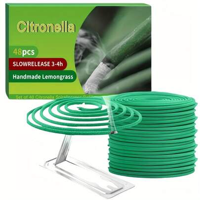 48pcs Handmade Lemongrass, Rosemary And Mint Incense Coils With Holder, Suitable For Outdoor Patio, Deck, Camping And Hiking, Slow Release 3-4 Hours, For Holidays