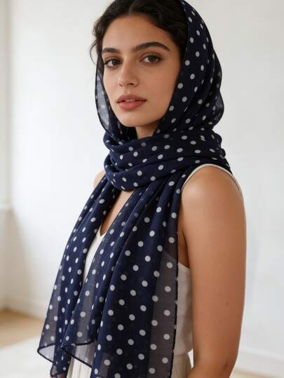 A Women's Elegant, Simple, Classic Polka Dot Print Chiffon Small Scarf, Casual, Breathable, Thin Headscarf, Sun Protection Shawl