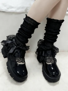 1 Pair White/Black Lace Trim Bow Lolita Style Sweet Ruffle Leg Warmers - Multicolor - View 12