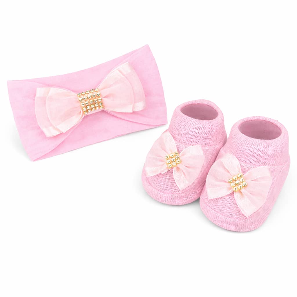 Baby Slippers And Headband Set For Newborns With Rhinestones And Assorted Bows - Baby Pink - View 1