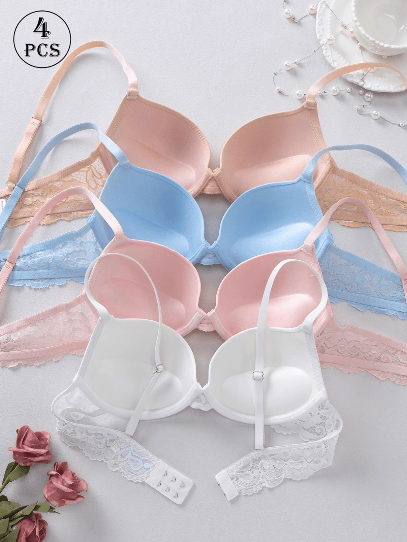 4 Stück Damen Komfort Unterwäsche Kollektion - Luxuriöser Push-Up-BH mit zarten Spitzendetails, hoher Halt und weicher atmungsaktiver Stoff für höchsten Komfort - Verschiedenfarbig - Übersicht 1