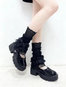 1 Pair White/Black Lace Trim Bow Lolita Style Sweet Ruffle Leg Warmers - Multicolor - View 10