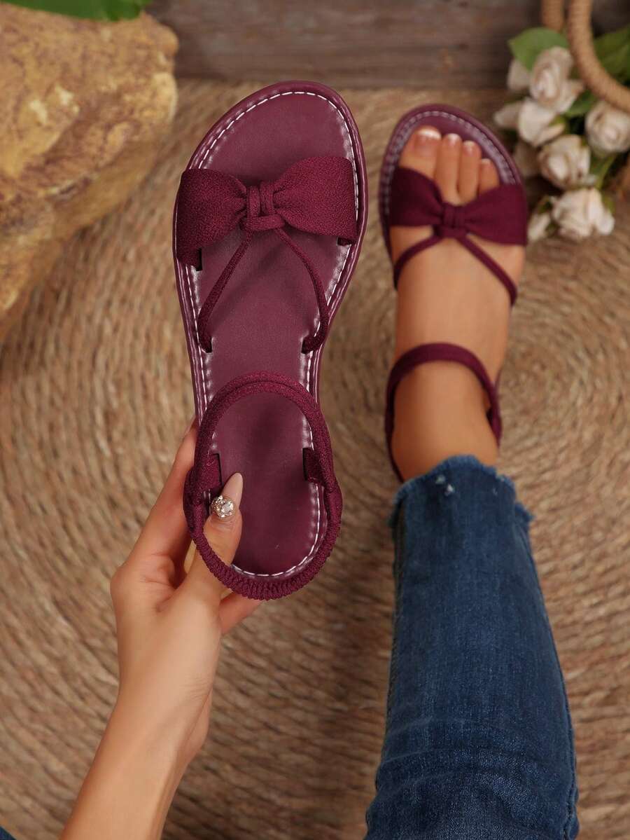 New Arrival Plus Size Women Comfortable Minimalist Round Toe Hollow Out Elastic Flat Slippers Sandals, Casual Fashion Outdoor Beach Style Summer Shoes - Burgundy - View 1