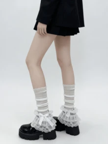 1 Pair White/Black Lace Trim Bow Lolita Style Sweet Ruffle Leg Warmers - Multicolor - View 3