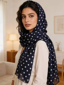A Women's Elegant, Simple, Classic Polka Dot Print Chiffon Small Scarf, Casual, Breathable, Thin Headscarf, Sun Protection Shawl - Navy Blue - View 4